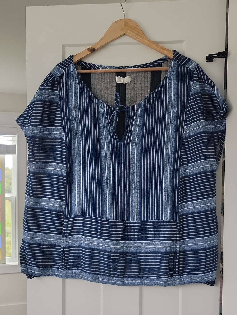Lou & Grey Textured Navy Blue Striped Tie-Front Blouse